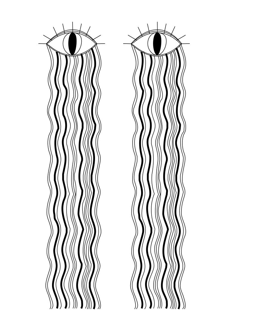 black line drawing of two eyes with multiple long wavy lines extending downwards from them.