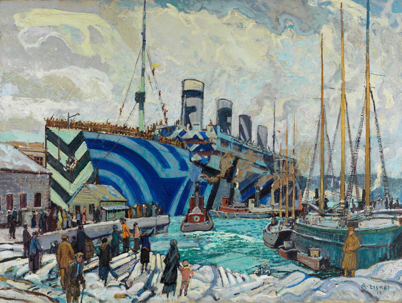 Painting of a dazzle ship with geometric patterns on it in shades of blue.