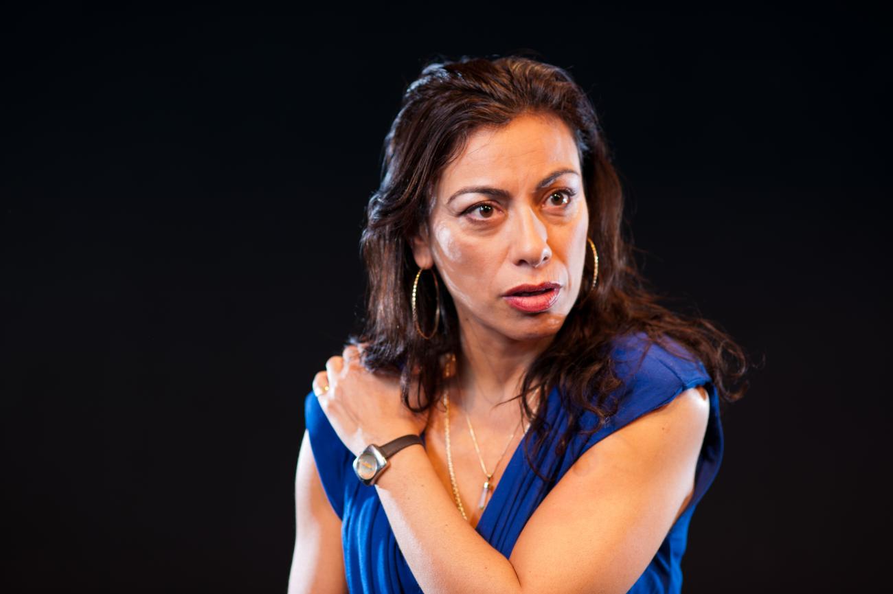 Portrait of Carmen Aguirre in blue with her left arm crossing over to her right shoulder.