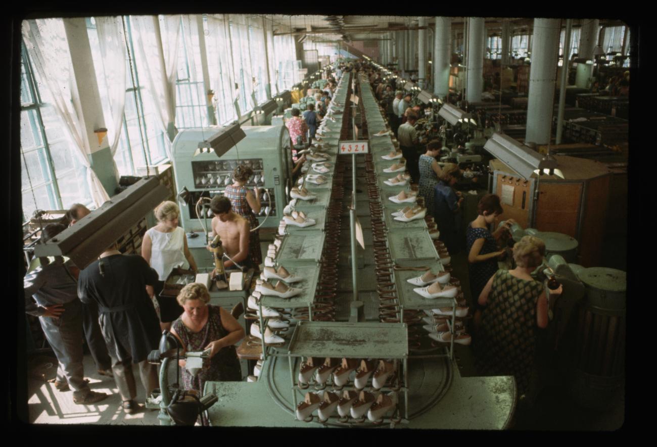 Rows of women work at making shoes.