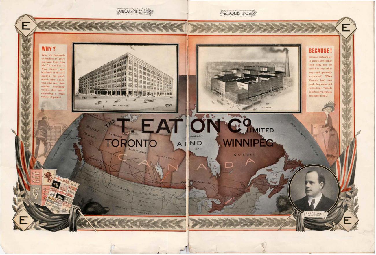 colour graphic of map of Canada with two black and white photos of large buildings.