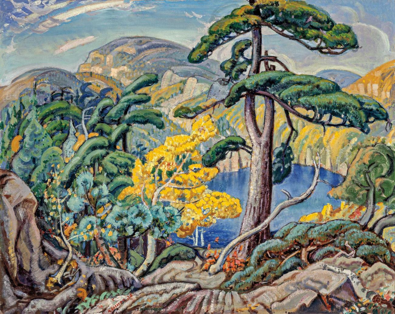 Colourful painting of trees with water and mountains in the background.
