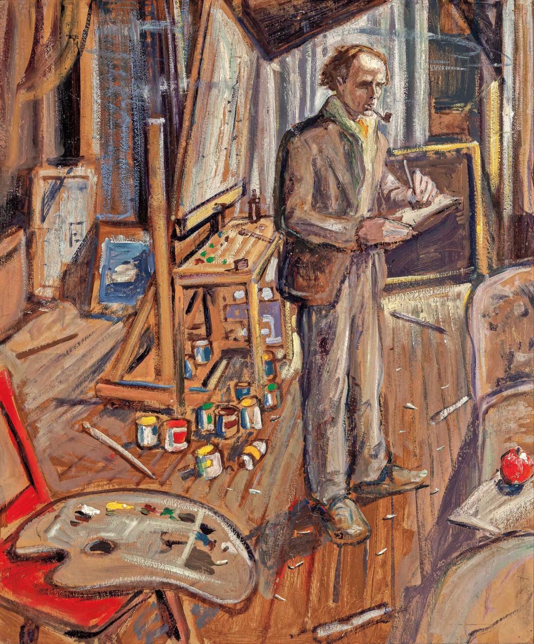 Self-portrait painting of Arthur Lismer standing in a painter's studio.