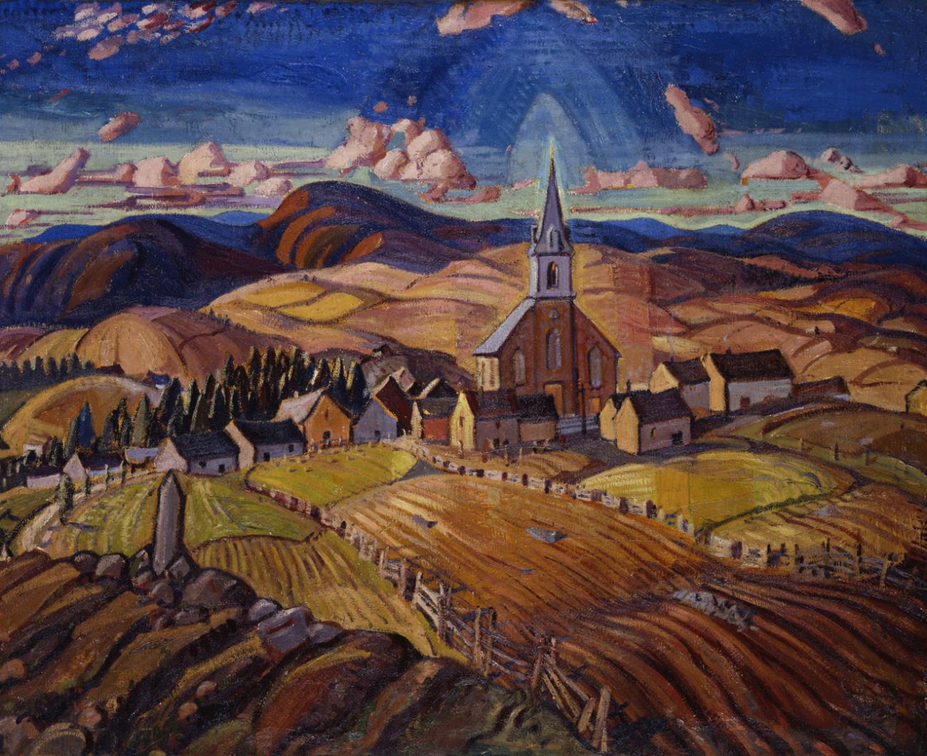 Painting of village surrounded by hills.